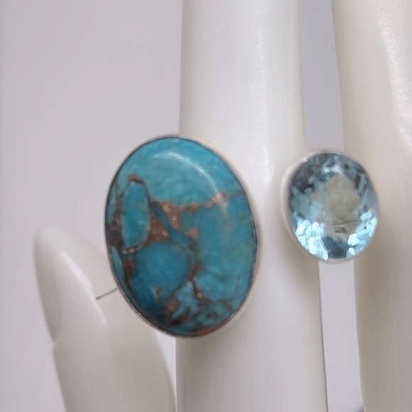 New Genuine, blue, copper, turquoise, and sterling silver ring with topaz stone - Picture 5 of 8